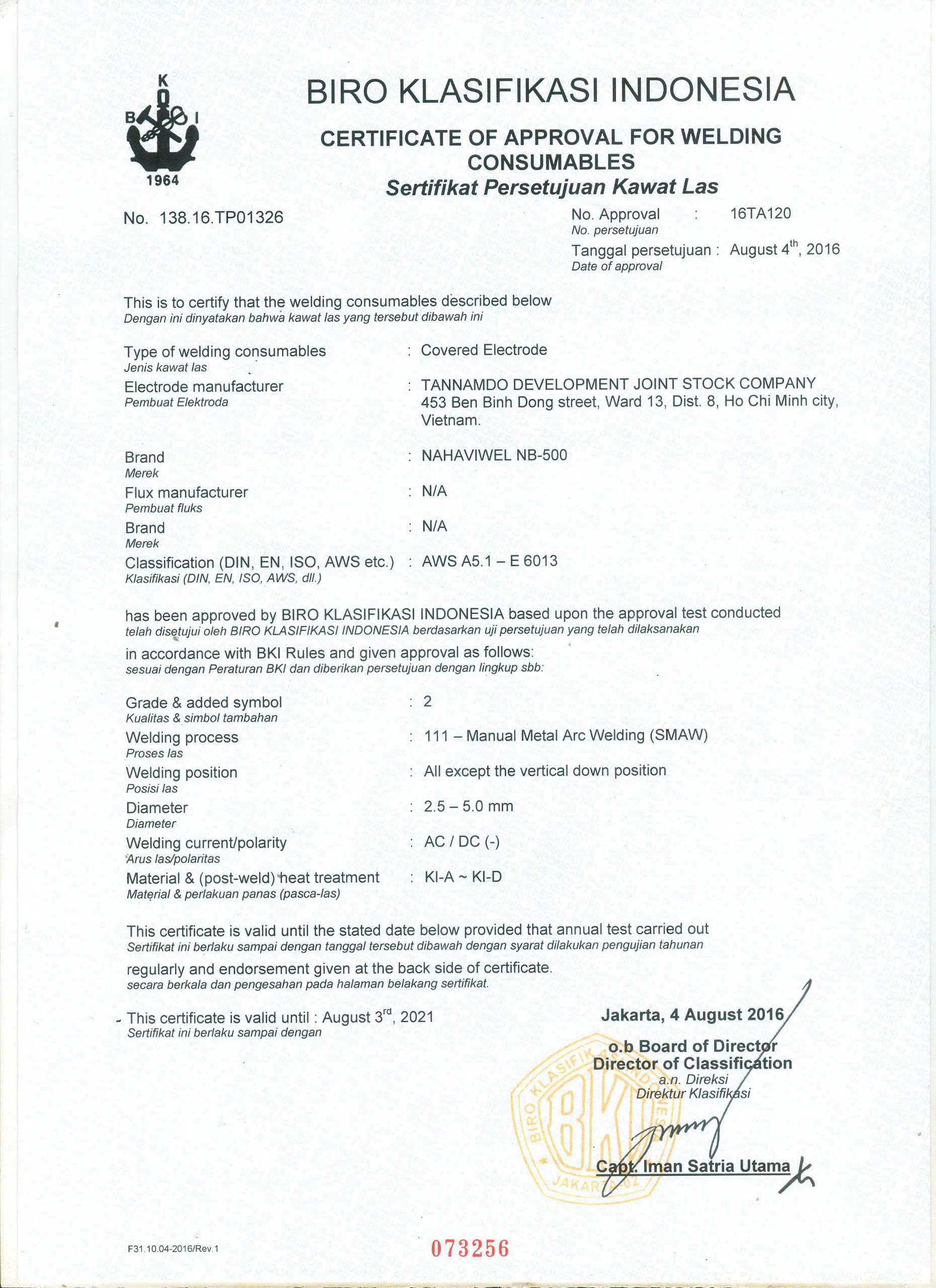 Chứng chỉ vật tư hàn